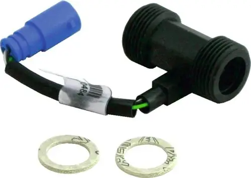 Durchflusssensor mit Stecker, hergestellt von Wolf, ausgestattet mit zwei Dichtungen und einem Kabelanschluss für den Einbau in Heizsysteme.